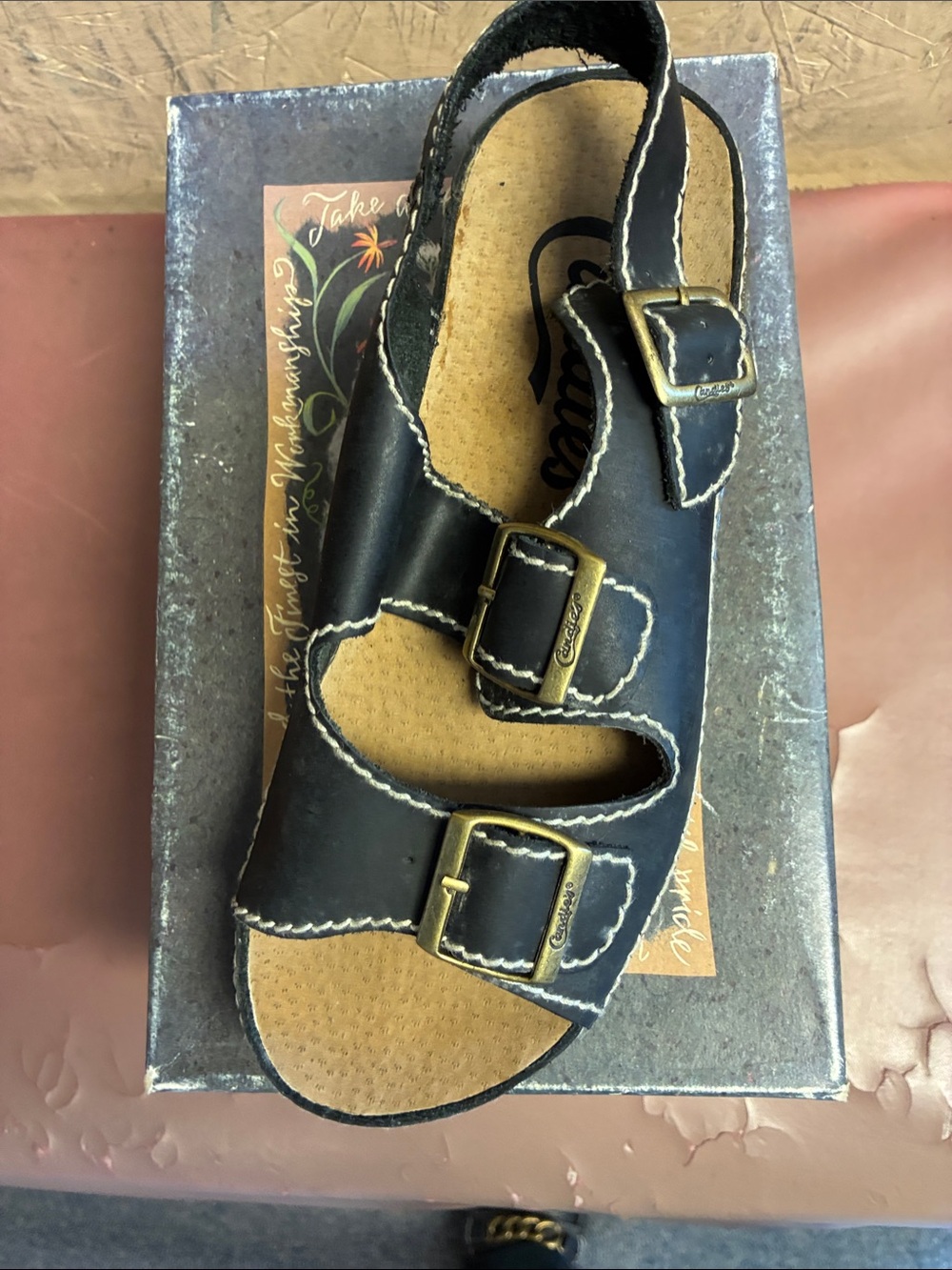 Candie's Black Three-Buckle Open-Toe Sandal with Contrast Stitching